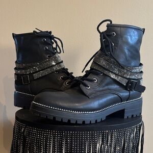 Steve Madden Black Rhinestone Combat Boots